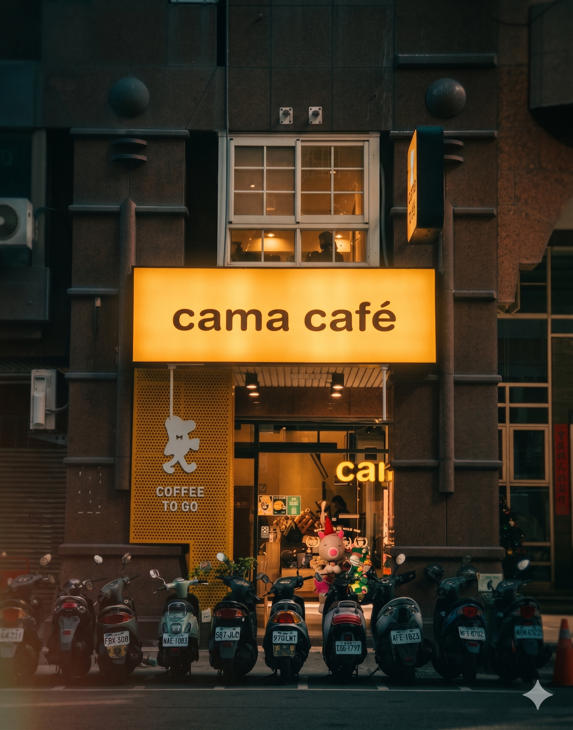 cama café 台中學府店門口實景與穿著粉紅小豬裝的吉祥物 Beano 公仔